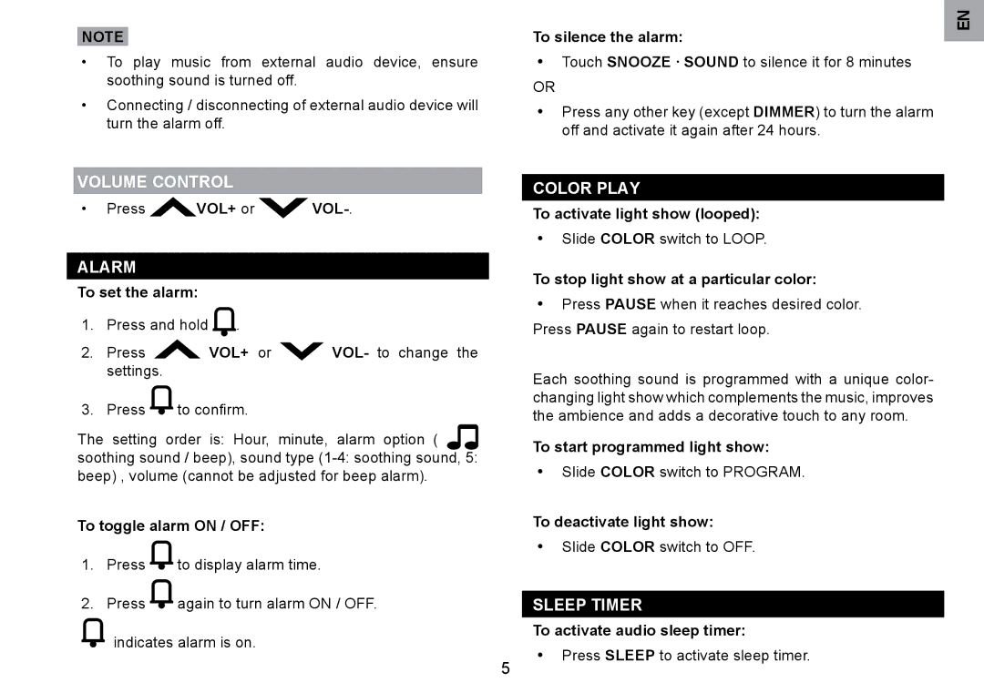 Oregon Scientific RM901A user manual Volume Control, Alarm, Color Play, Sleep Timer 