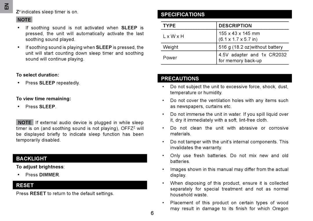 Oregon Scientific RM901A user manual Backlight, Reset, Specifications, Precautions, Type Description 