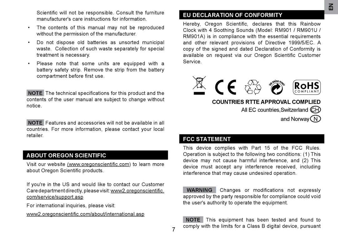 Oregon Scientific RM901A user manual About Oregon Scientific, EU Declaration of Conformity, FCC Statement 