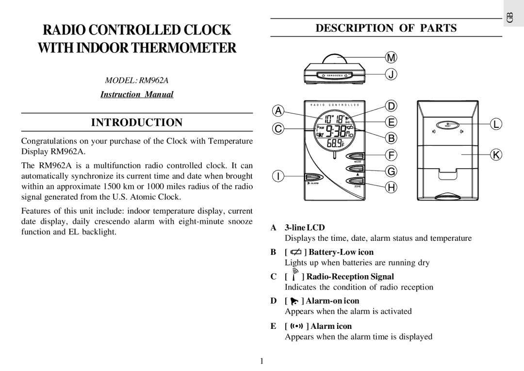 Oregon Scientific RM962A instruction manual Introduction, Description of Parts 