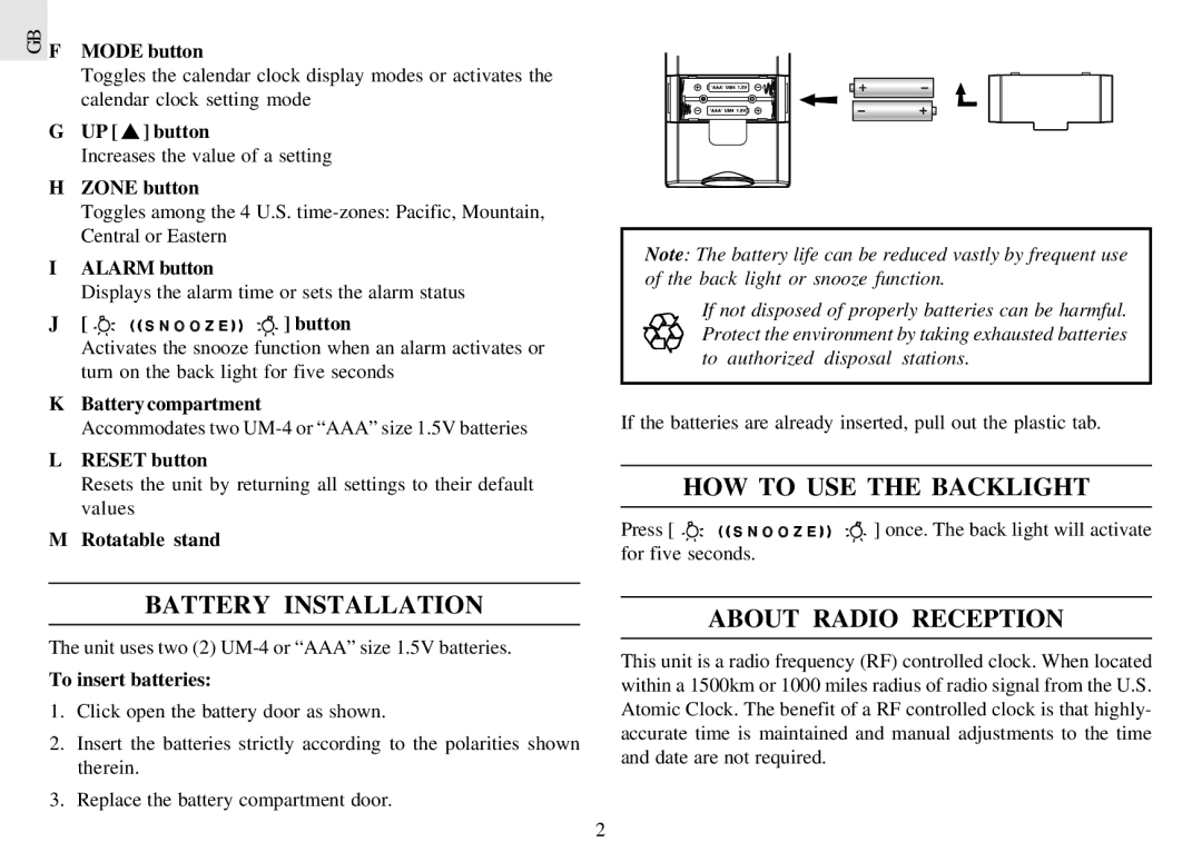 Oregon Scientific RM962A instruction manual Battery Installation, HOW to USE the Backlight, About Radio Reception 