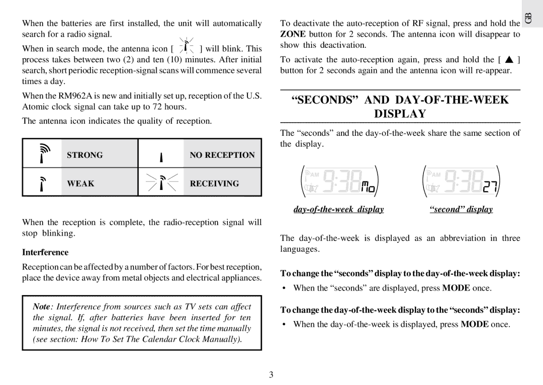 Oregon Scientific RM962A instruction manual Seconds and DAY-OF-THE-WEEK Display, Interference, Day-of-the-week display 