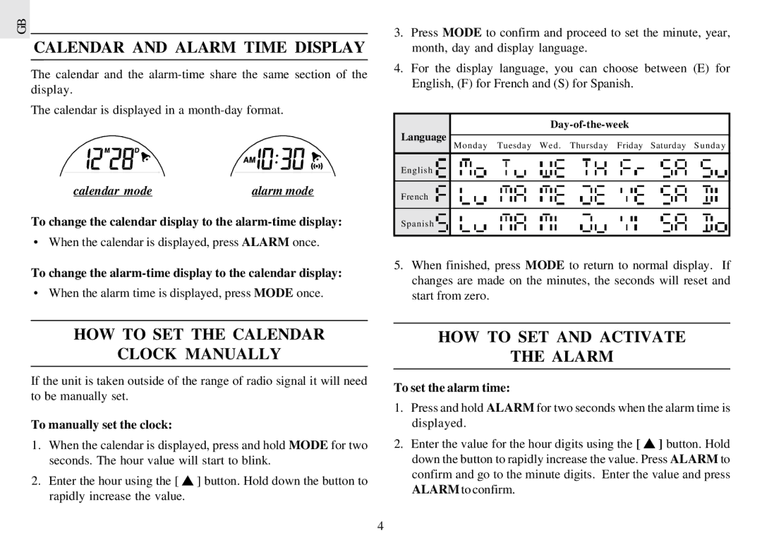 Oregon Scientific RM962A Calendar and Alarm Time Display, HOW to SET the Calendar Clock Manually, Calendar mode 