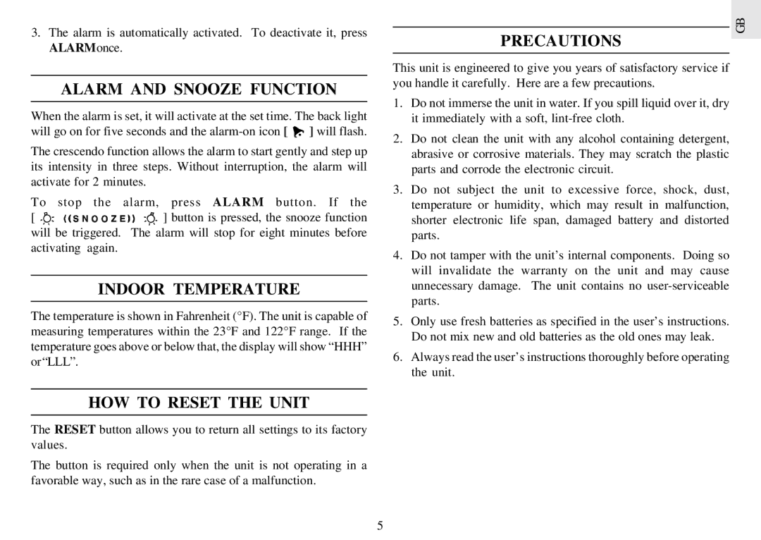 Oregon Scientific RM962A Alarm and Snooze Function, Indoor Temperature, HOW to Reset the Unit, Precautions 