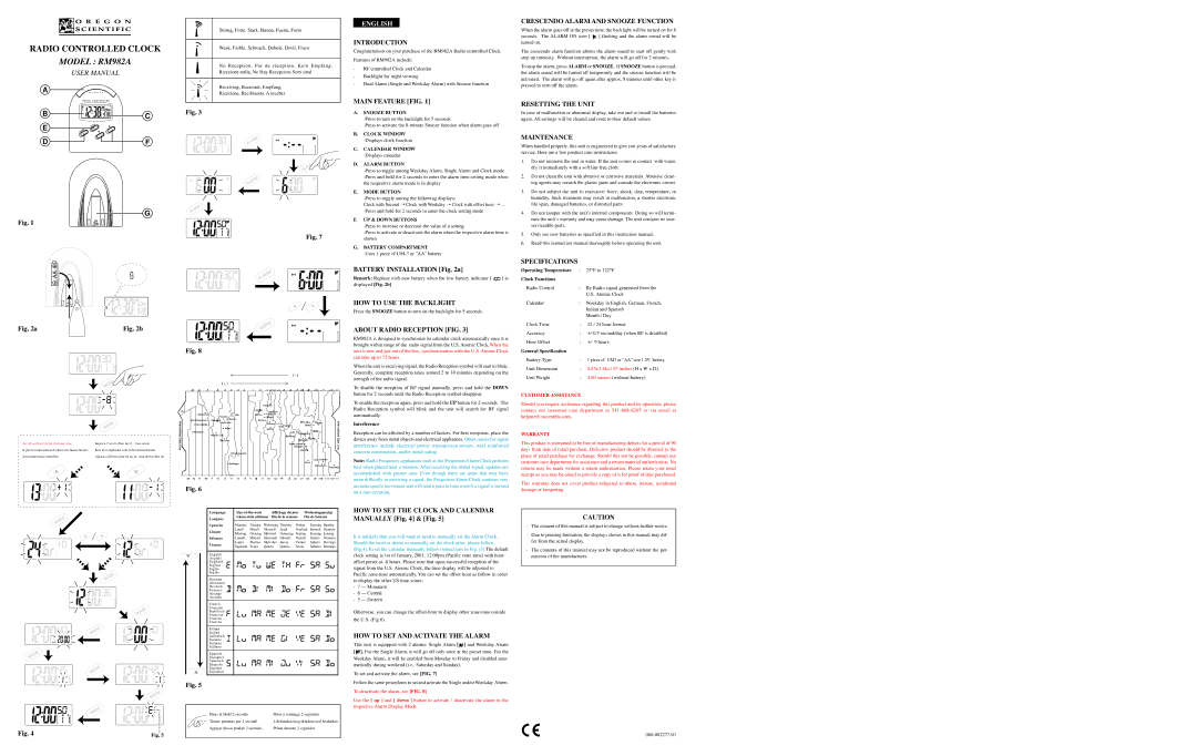 Oregon Scientific RM982A specifications Crescendo Alarm and Snooze Function, Introduction, Main Feature FIG, Maintenance 