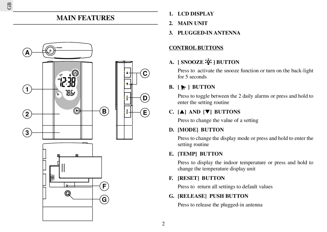 Oregon Scientific RMB383A Main Features, Ons, Press to change the value of a setting, Change the temperature display unit 