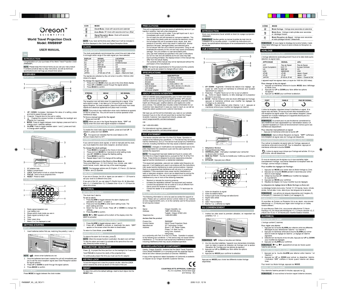 Oregon Scientific RMB899P user manual Clock, Precautions, Vue D’Ensemble, Horloge Introduction, Overview, Alarms 