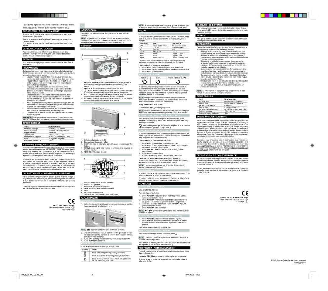 Oregon Scientific RMB899P Projecteur / Retro Eclairage, Verrouillage DU Clavier Introducción, Resumen, Reloj, Reinicio 