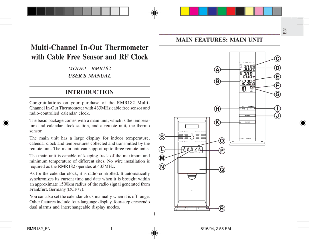 Oregon Scientific RMR182 user manual Main Features Main Unit, Introduction 