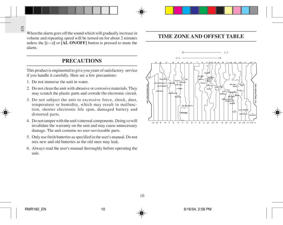 Oregon Scientific RMR182 user manual Precautions, Time Zone and Offset Table 