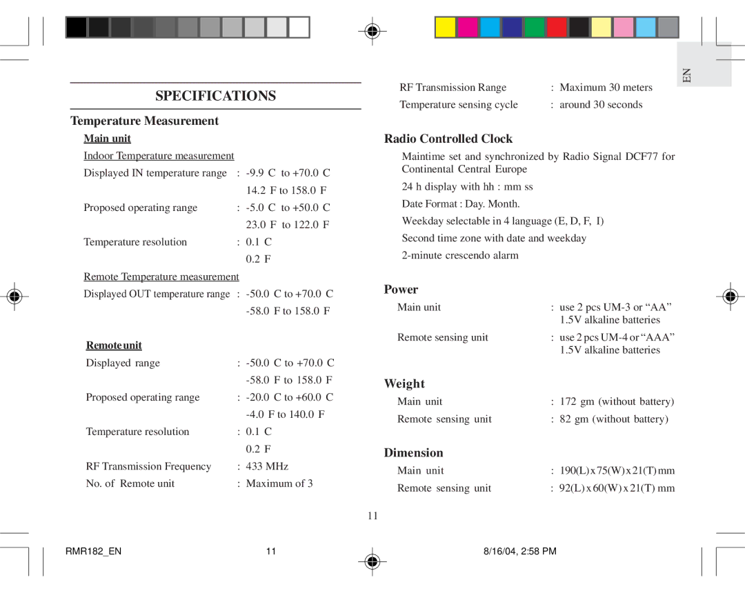 Oregon Scientific RMR182 user manual Specifications, Temperature Measurement 