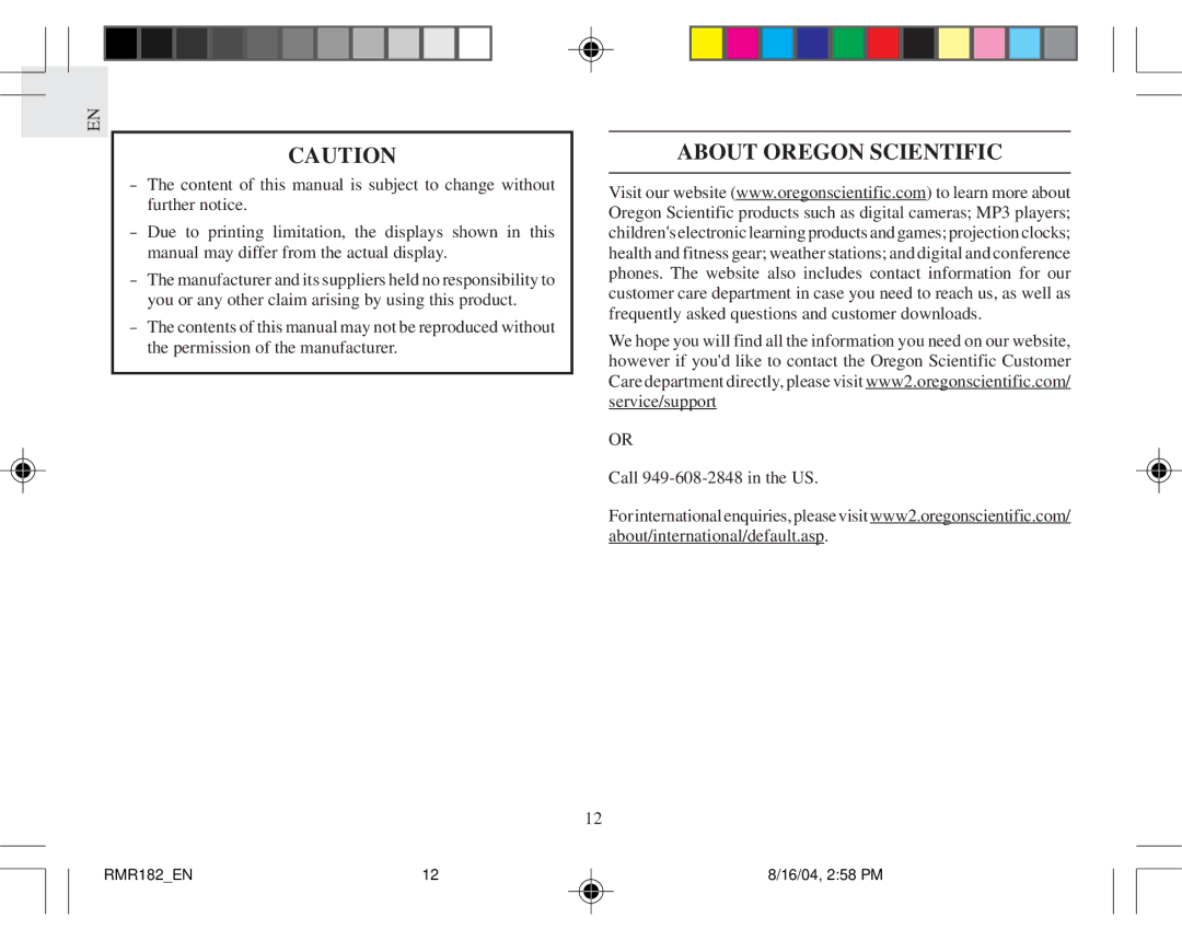 Oregon Scientific RMR182 user manual About Oregon Scientific 