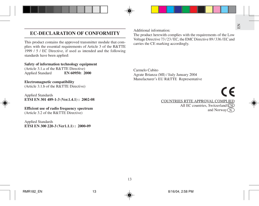 Oregon Scientific RMR182 user manual EC-DECLARATION of Conformity, Etsi EN 300 220-3 Ver1.1.1 