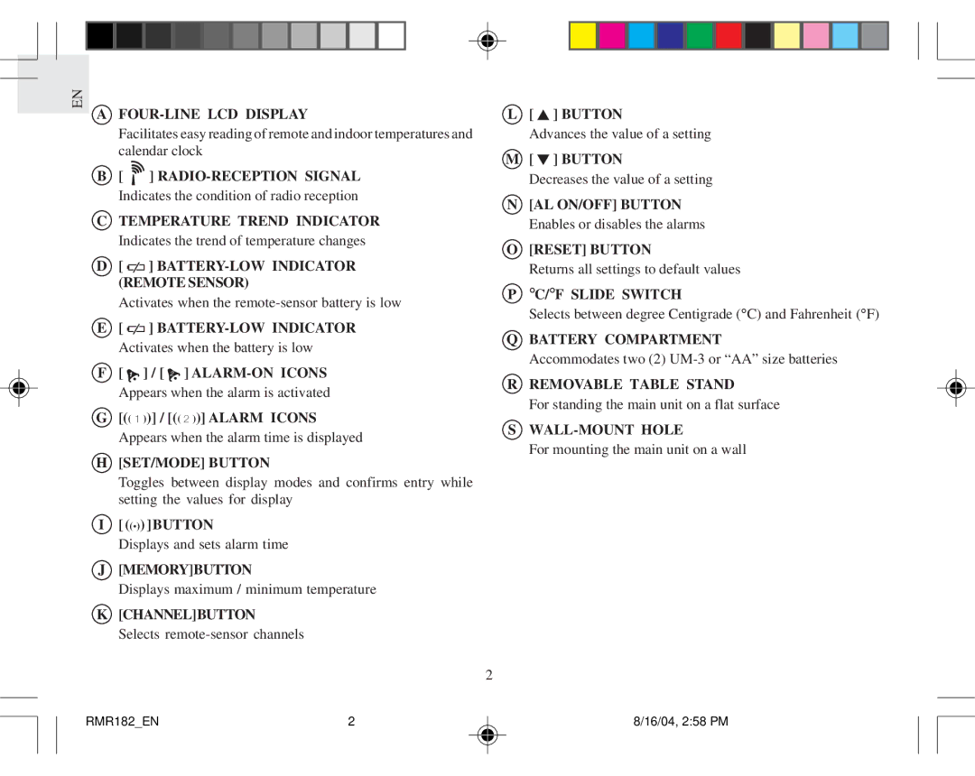 Oregon Scientific RMR182 user manual FOUR-LINE LCD Display 