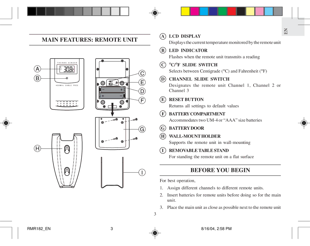 Oregon Scientific RMR182 user manual Main Features Remote Unit, Before YOU Begin 