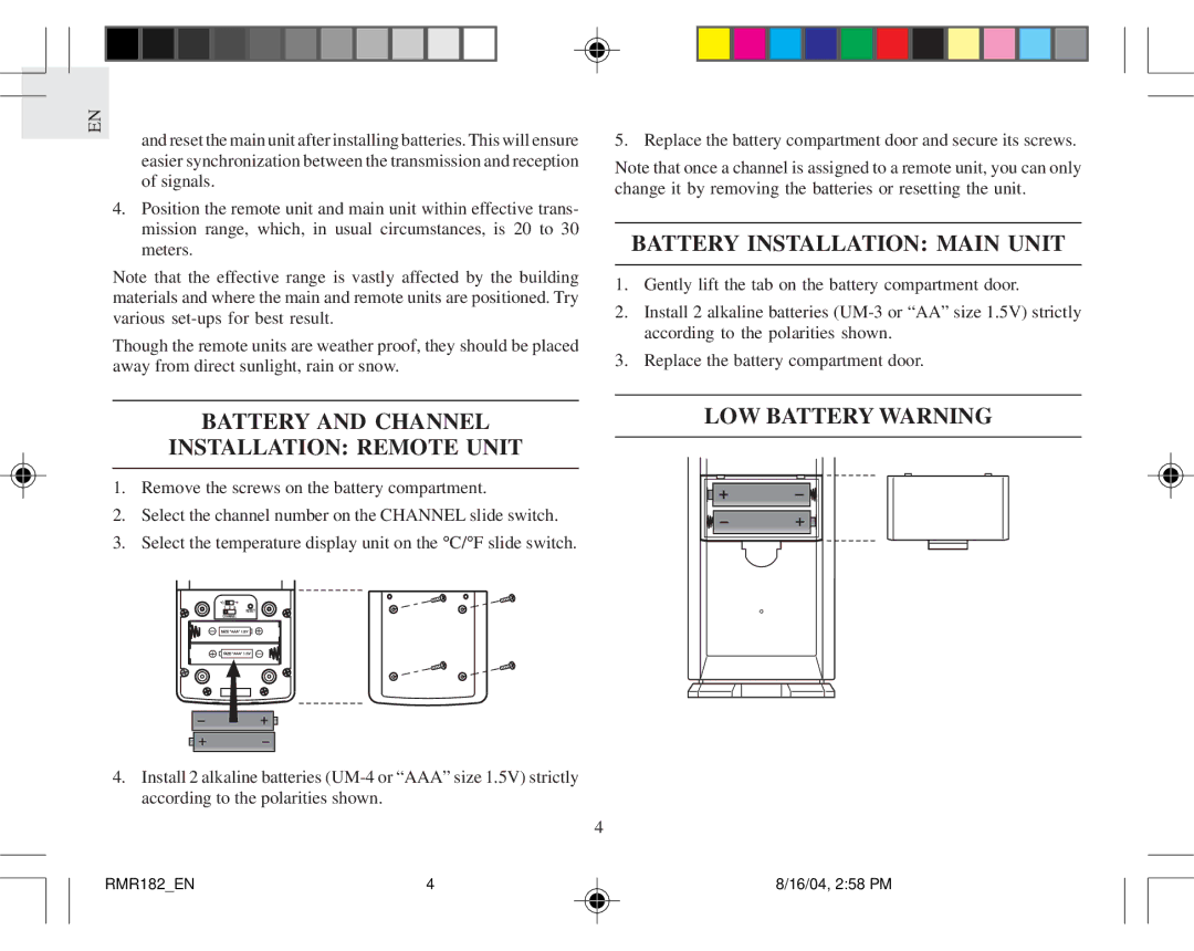 Oregon Scientific RMR182 user manual Battery Installation Main Unit 