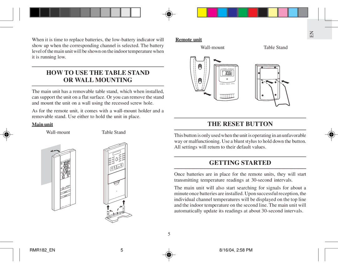 Oregon Scientific RMR182 user manual HOW to USE the Table Stand Or Wall Mounting, Reset Button, Getting Started 