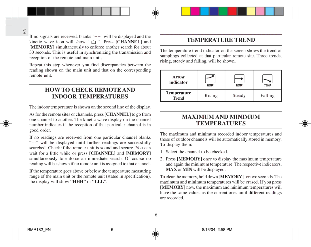 Oregon Scientific RMR182 HOW to Check Remote Indoor Temperatures, Temperature Trend, Maximum and Minimum Temperatures 