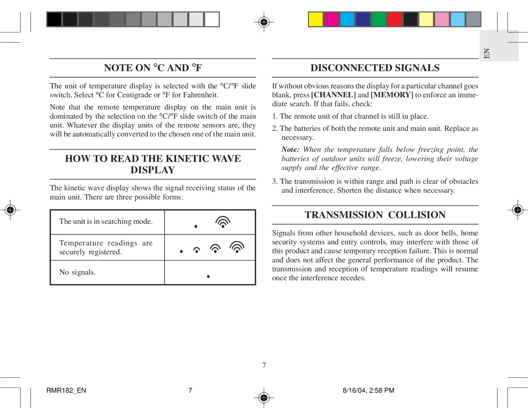 Oregon Scientific RMR182 user manual HOW to Read the Kinetic Wave Display, Disconnected Signals, Transmission Collision 