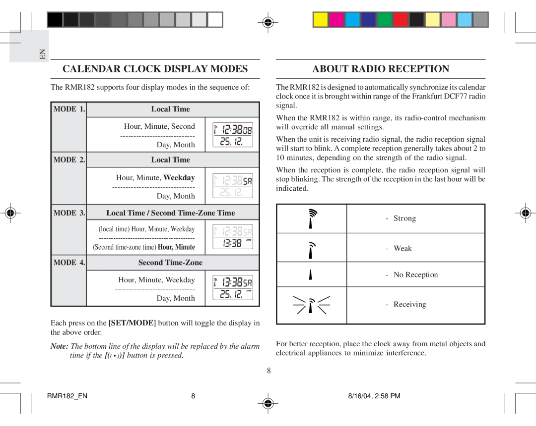 Oregon Scientific RMR182 user manual Calendar Clock Display Modes About Radio Reception 