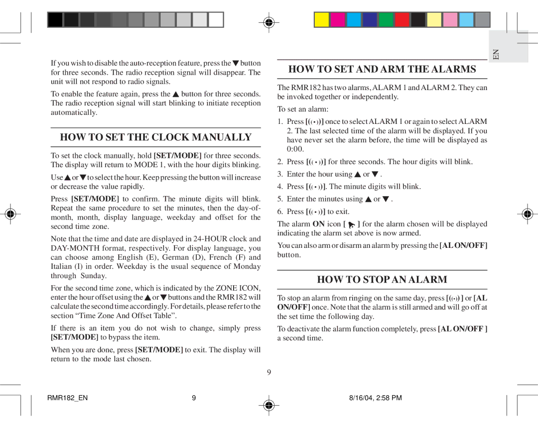 Oregon Scientific RMR182 user manual HOW to SET the Clock Manually, HOW to SET and ARM the Alarms, HOW to Stop AN Alarm 