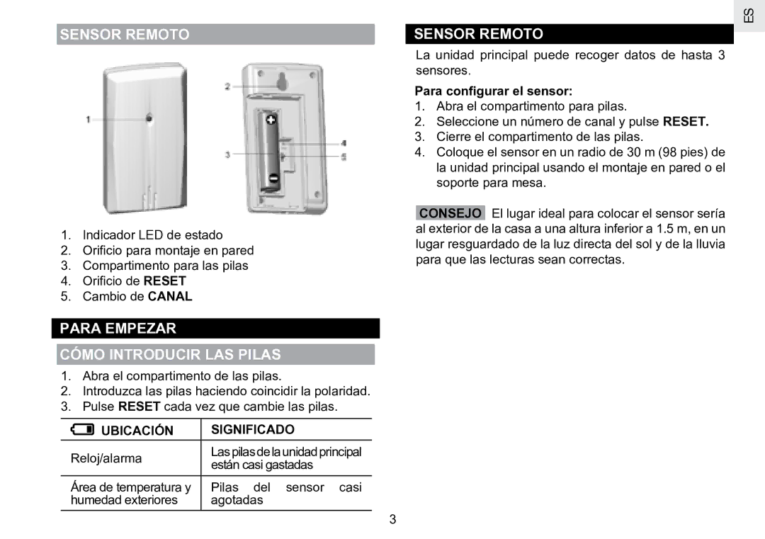 Oregon Scientific RMR202 user manual Sensor Remoto, Para Empezar Cómo Introducir LAS Pilas, Ubicación Significado 