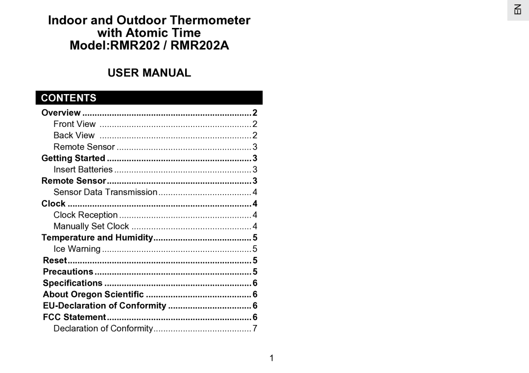 Oregon Scientific RMR202 user manual Contents 