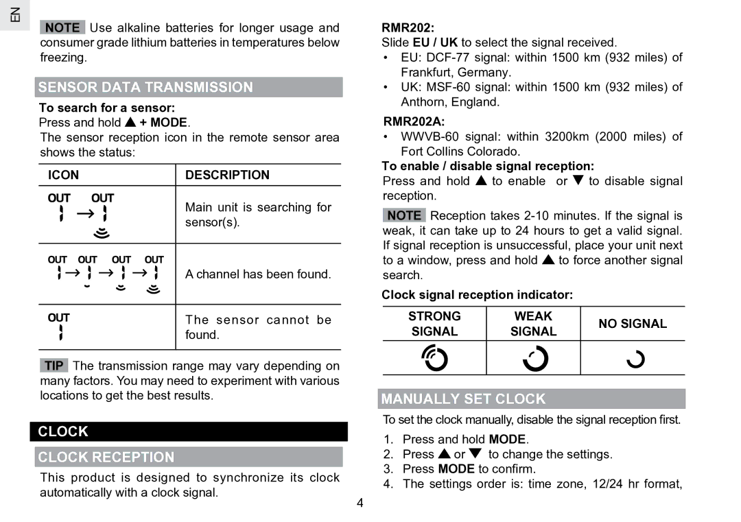 Oregon Scientific RMR202 user manual Sensor Data Transmission, Clock Clock Reception, Manually SET Clock, Icon Description 