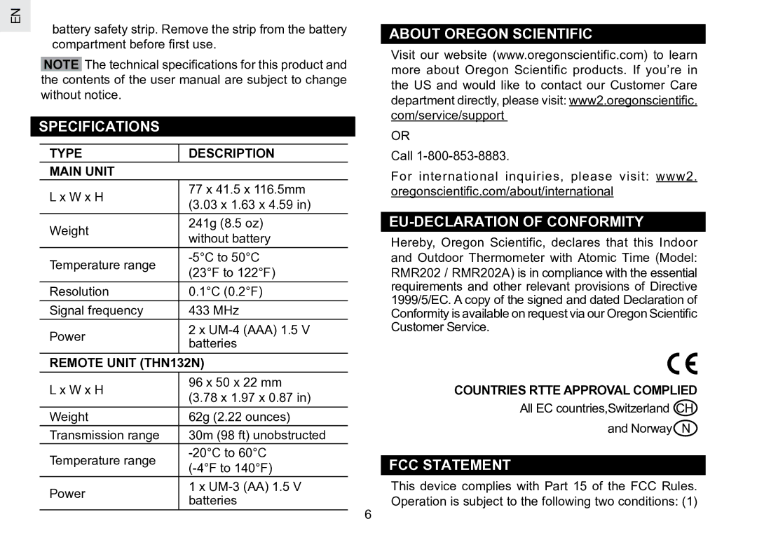 Oregon Scientific RMR202 user manual Specifications, About Oregon Scientific, EU-DECLARATION of Conformity, FCC Statement 