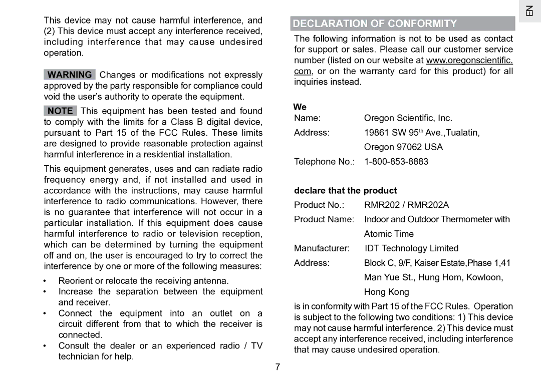 Oregon Scientific RMR202 user manual Declaration of Conformity, Declare that the product 