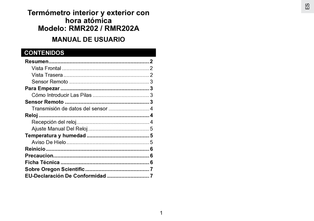 Oregon Scientific RMR202 user manual Manual DE Usuario, Contenidos 