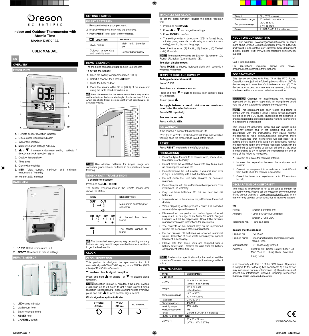 Oregon Scientific RMR202A specifications Overview Front View, Back View, Remote Sensor, Getting Started Insert Batteries 