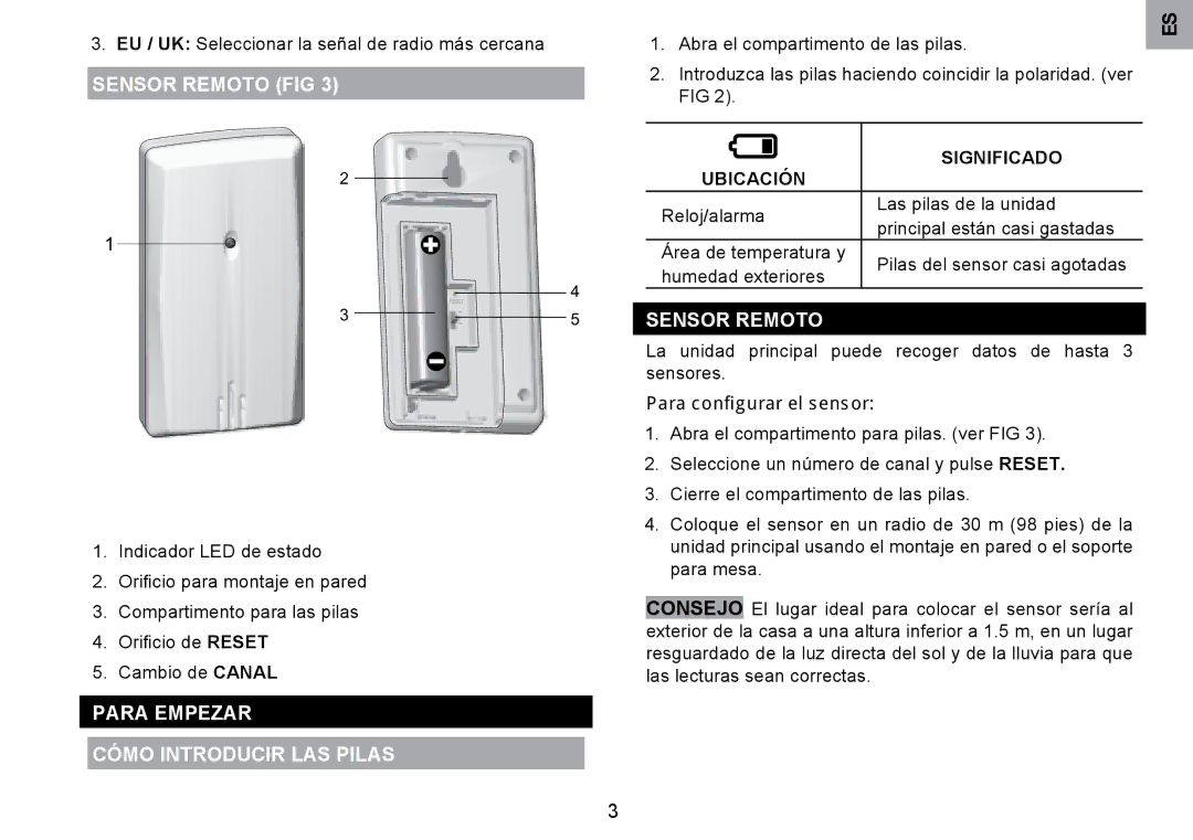 Oregon Scientific RMR203HG user manual Sensor Remoto FIG, Para Empezar Cómo Introducir LAS Pilas, Significado, Ubicación 