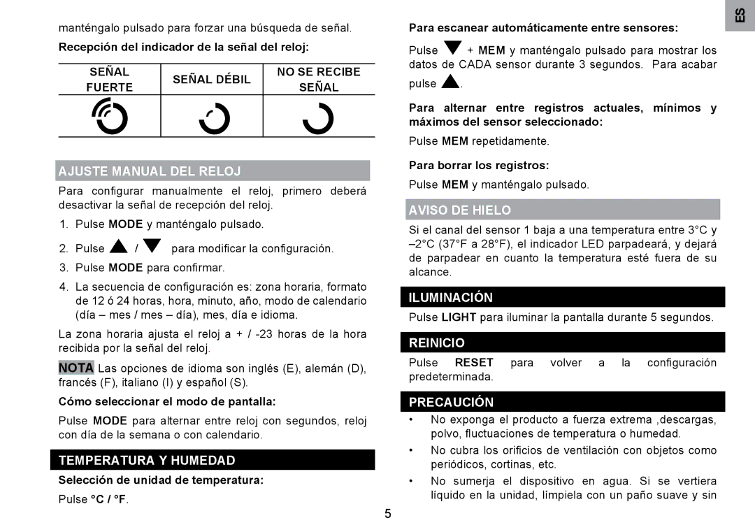 Oregon Scientific RMR203HG Ajuste Manual DEL Reloj, Temperatura Y Humedad, Aviso DE Hielo, Iluminación, Reinicio 