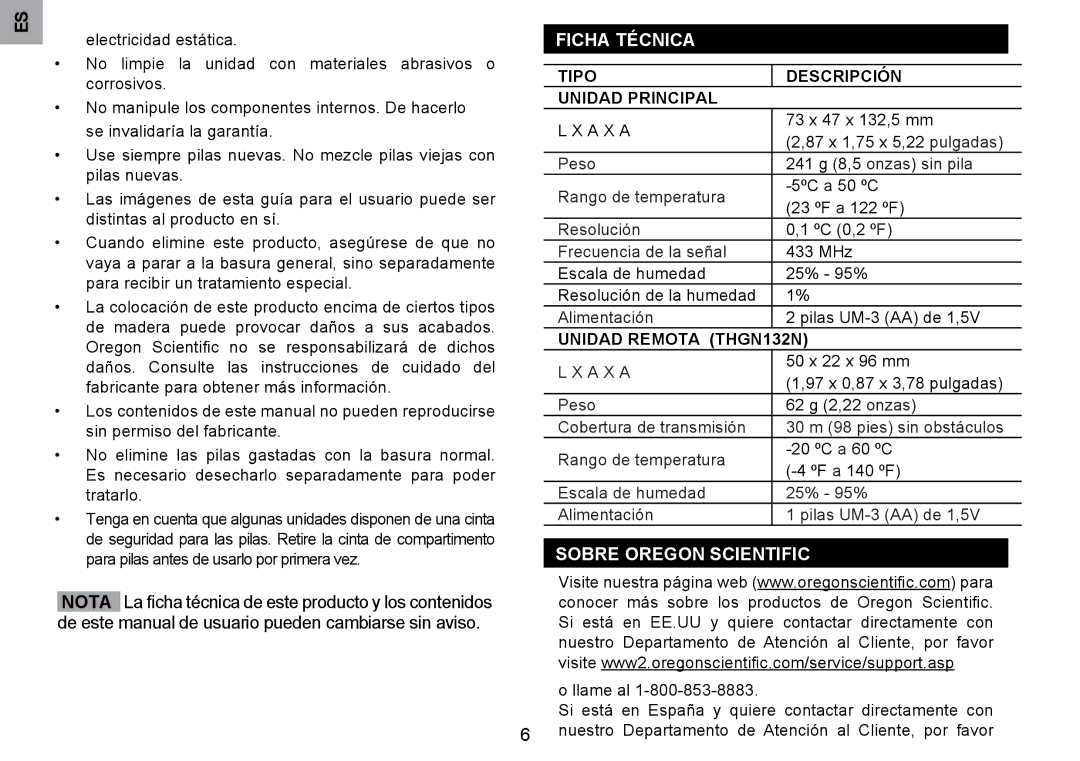 Oregon Scientific RMR203HG user manual Ficha Técnica, Sobre Oregon Scientific, Tipo Descripción Unidad Principal 