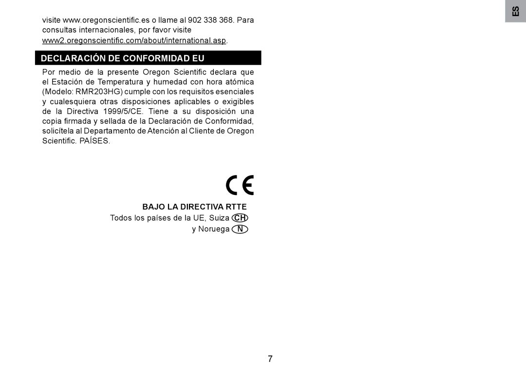 Oregon Scientific RMR203HG user manual Declaración DE Conformidad EU, Bajo LA Directiva Rtte 