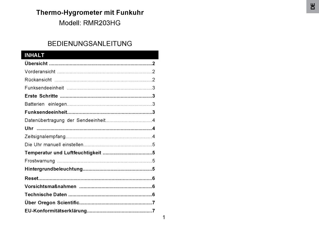 Oregon Scientific RMR203HG user manual Bedienungsanleitung, Inhalt 