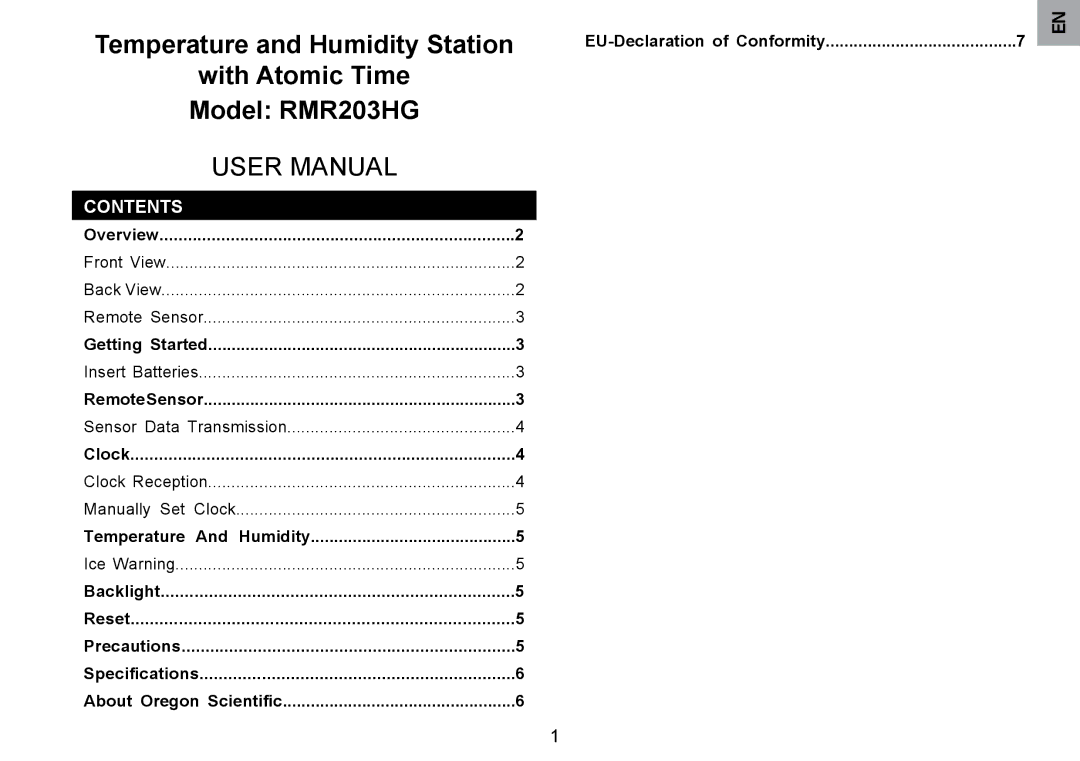 Oregon Scientific user manual With Atomic Time Model RMR203HG, Contents 