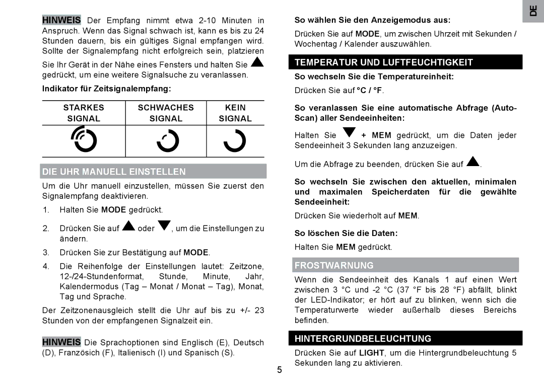 Oregon Scientific RMR203HG user manual DIE UHR Manuell Einstellen, Temperatur UND Luftfeuchtigkeit, Frostwarnung 