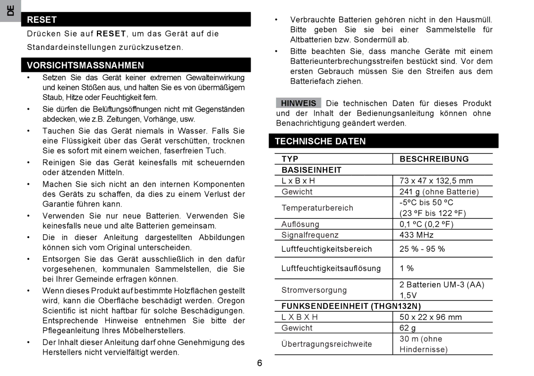 Oregon Scientific RMR203HG Vorsichtsmassnahmen, Technische Daten, TYP Beschreibung Basiseinheit, Funksendeeinheit THGN132N 