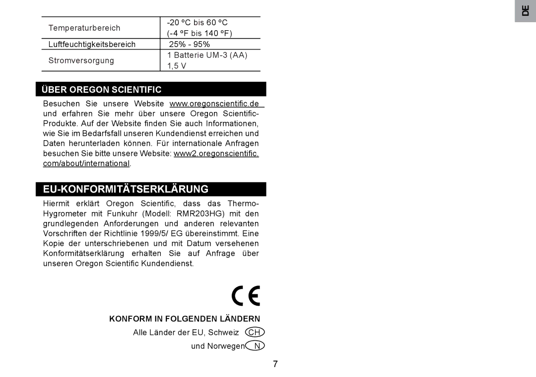 Oregon Scientific RMR203HG user manual Über Oregon Scientific, Konform in Folgenden Ländern 