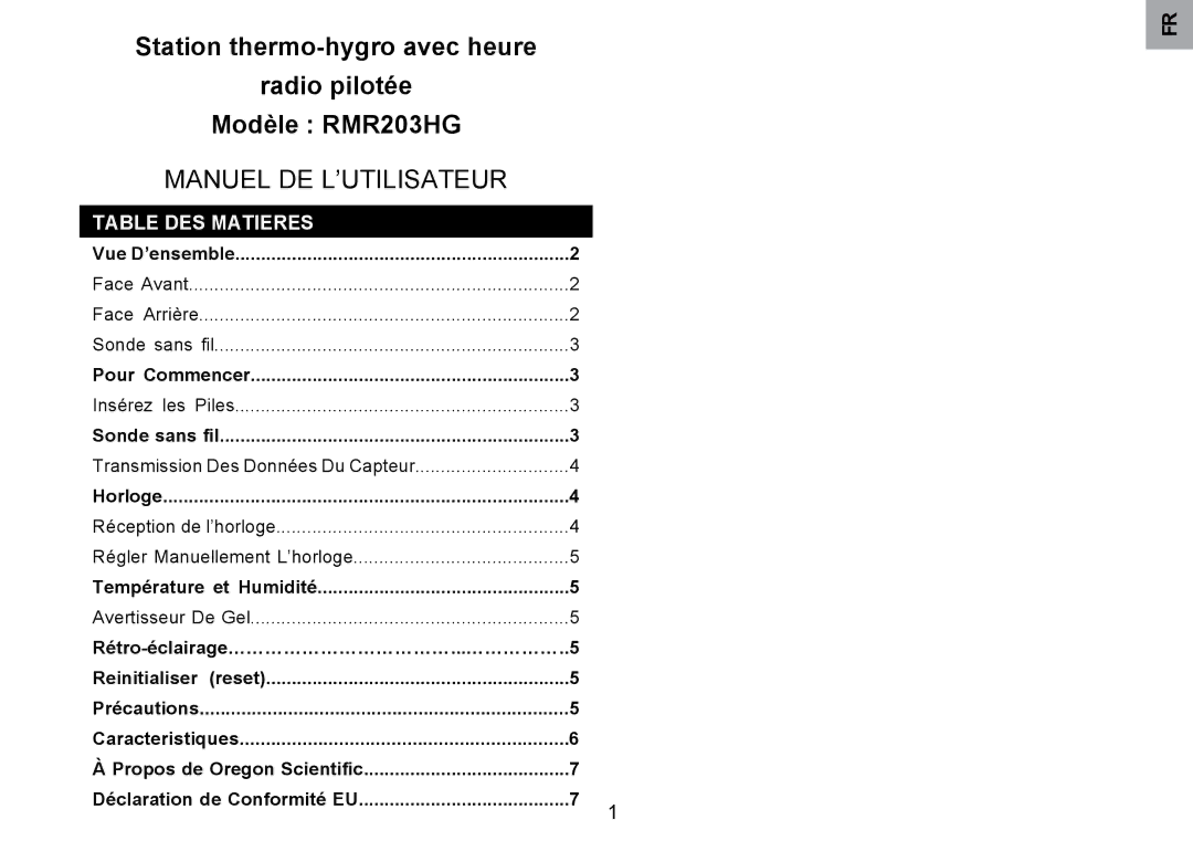 Oregon Scientific RMR203HG user manual Manuel DE L’UTILISATEUR, Table DES Matieres 