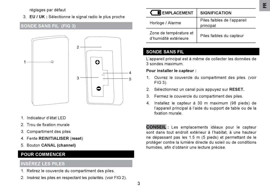 Oregon Scientific RMR203HG user manual Sonde Sans FIL FIG, Pour Commencer Insérez LES Piles, Emplacement Signification 