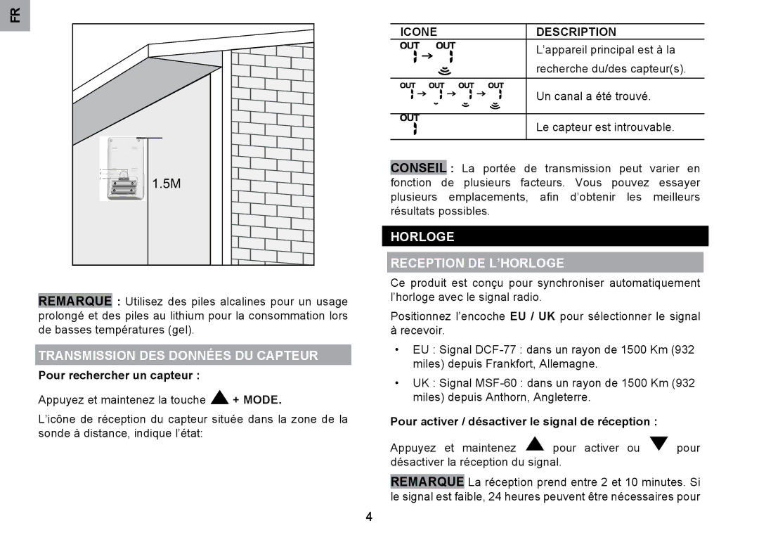 Oregon Scientific RMR203HG Transmission DES Données DU Capteur, Horloge Reception DE L’HORLOGE, + Mode, Icone Description 