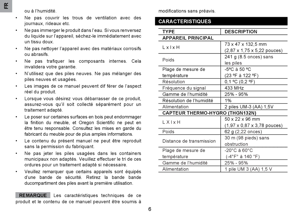 Oregon Scientific RMR203HG user manual Caracteristiques, Type Description Appareil Principal, Capteur THERMO-HYGRO THGN132N 