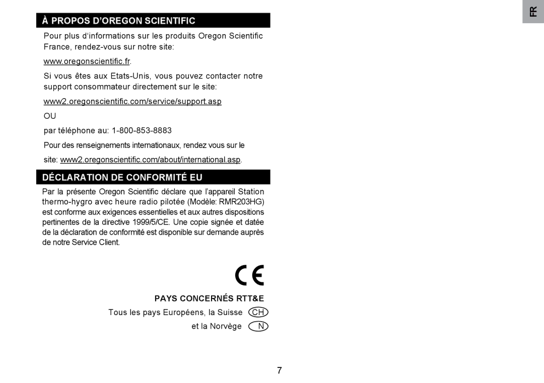 Oregon Scientific RMR203HG user manual Propos D’OREGON Scientific, Déclaration DE Conformité EU, Pays Concernés RTT&E 