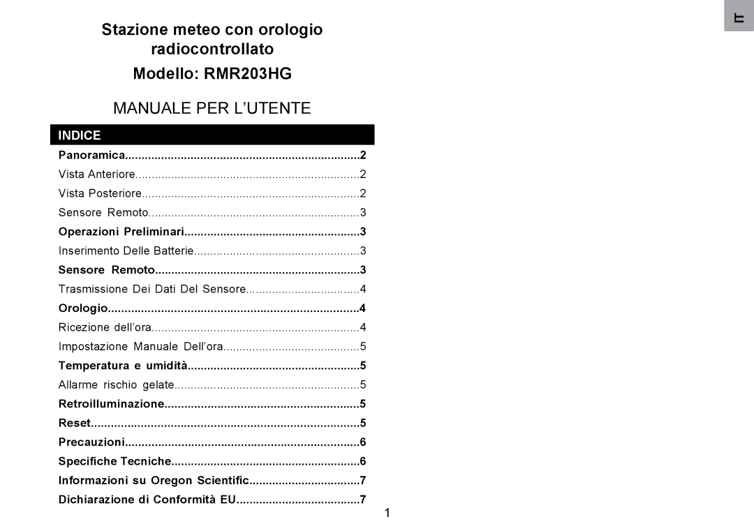 Oregon Scientific RMR203HG user manual Manuale PER L’UTENTE, Indice 