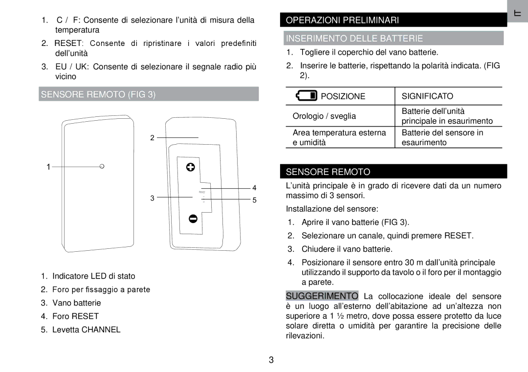 Oregon Scientific RMR203HG Sensore Remoto FIG, Operazioni Preliminari Inserimento Delle Batterie, Posizione Significato 