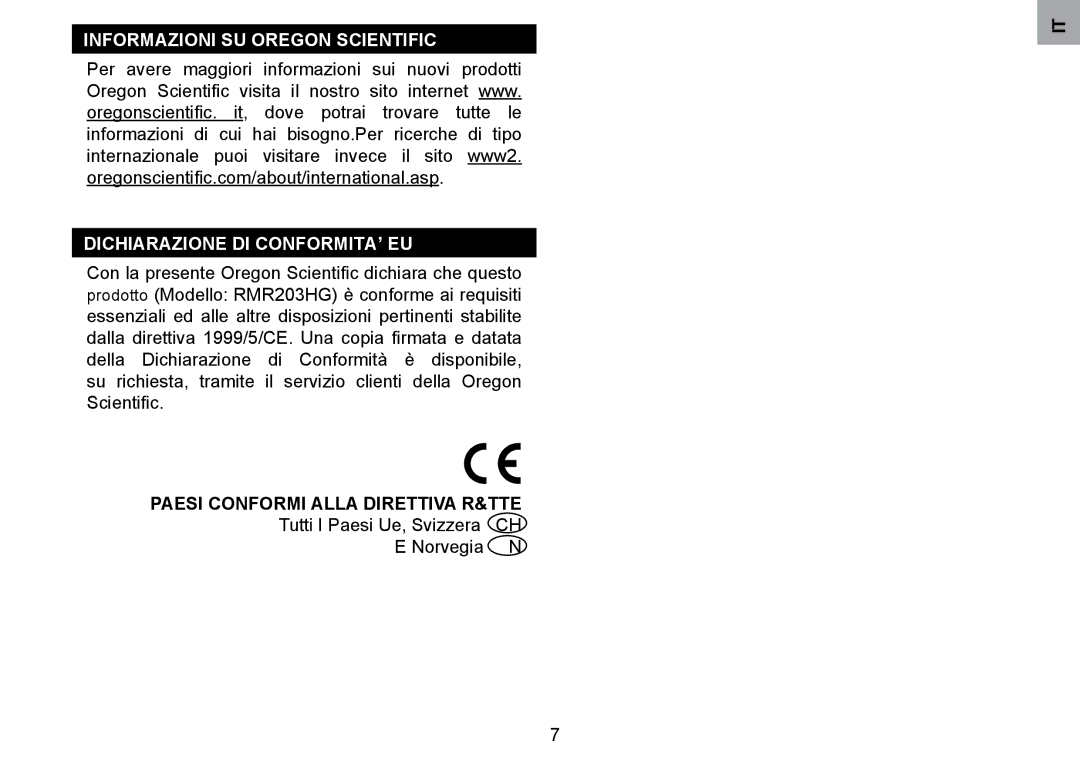 Oregon Scientific RMR203HG user manual Paesi Conformi Alla Direttiva R&TTE 