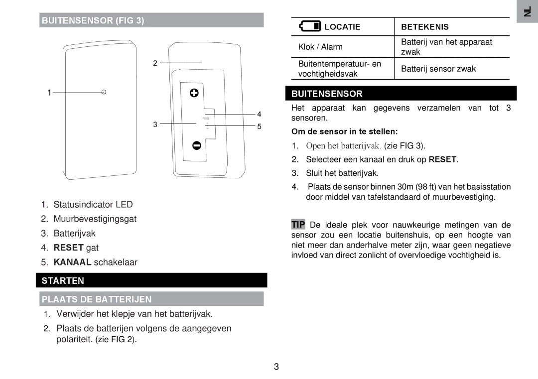 Oregon Scientific RMR203HG Buitensensor FIG, Starten Plaats DE Batterijen, Locatie Betekenis, Om de sensor in te stellen 